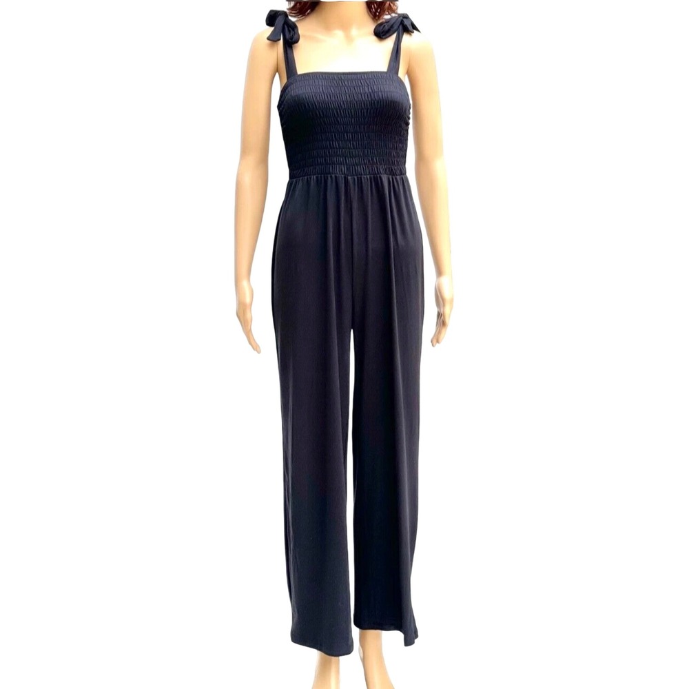 SO Goods For Life Black Smocked Wide Leg Jumpsuit Tie Straps Plus Size 1X